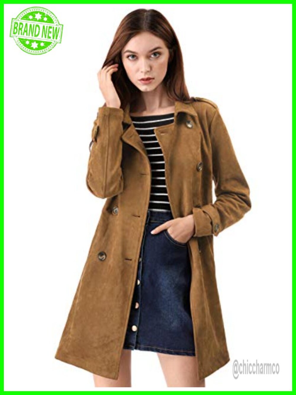 Faux Suede Trench Coat Double Breasted Belted Jacket